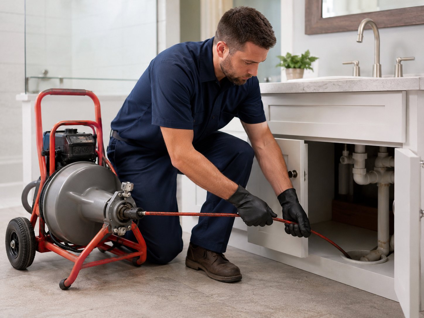 Flow Right plumber clearing a drain with professional equipment