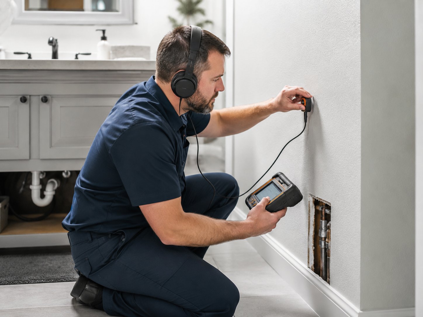 Flow Right plumber using acoustic leak detection equipment